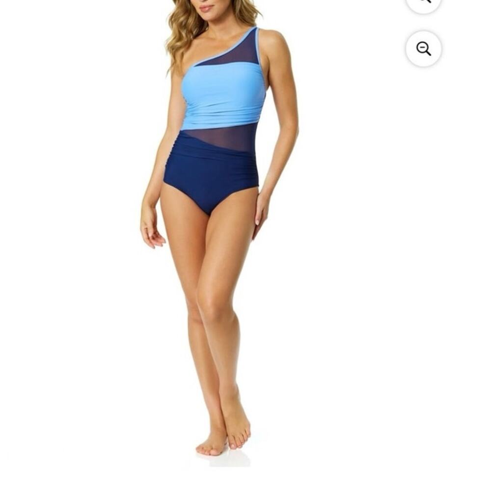 Anna Cole One Shoulder Colorblock Swimsuit Women’s XXL Blue Mesh Panel NWT